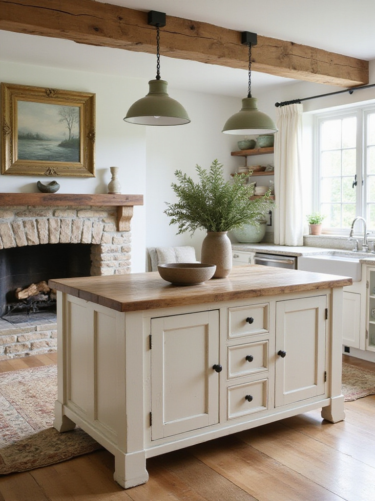 Rustic kitchen island with a cohesive color palette, showcasing warm neutrals, earthy wood tones, and soft sage green accents under natural light.