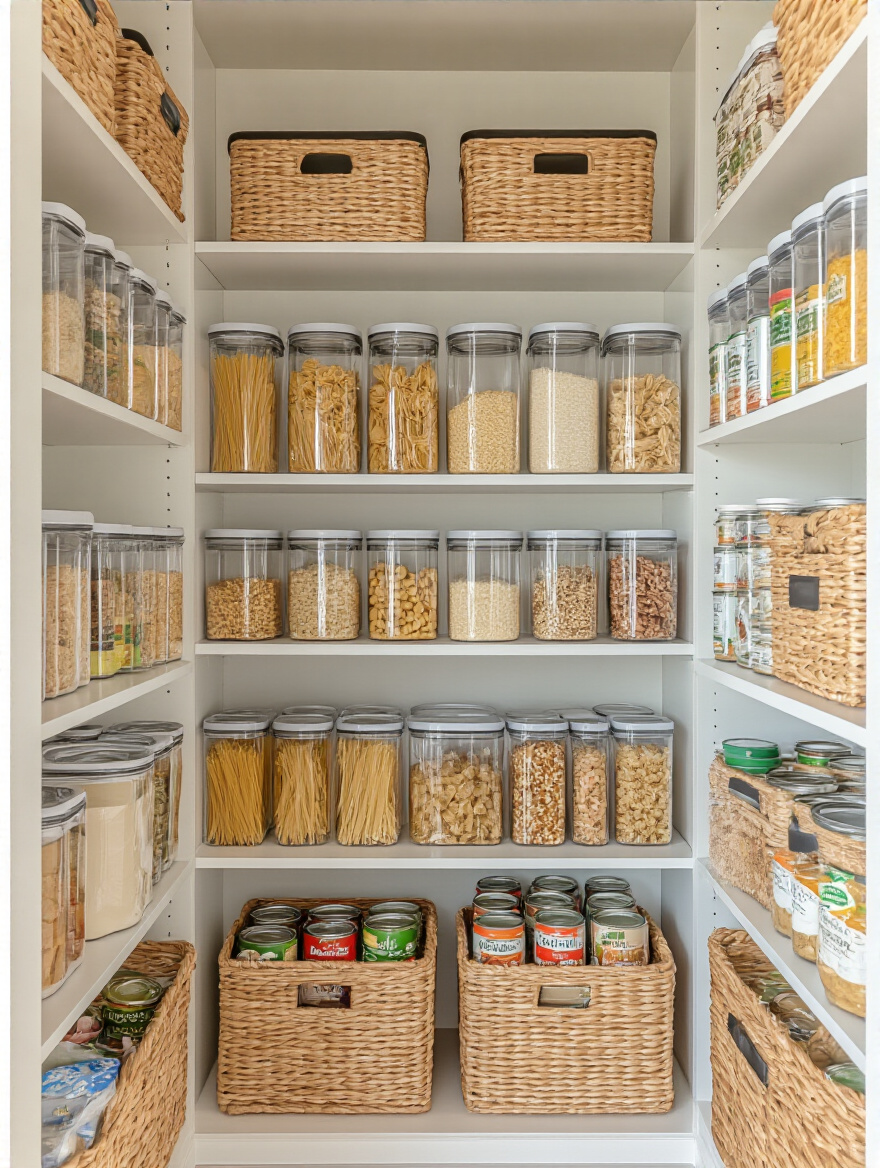 Portrait view of a highly organized pantry, showcasing shelves filled with bulk-purchased dry goods in clear, labeled containers, suggesting efficient grocery shopping and storage.