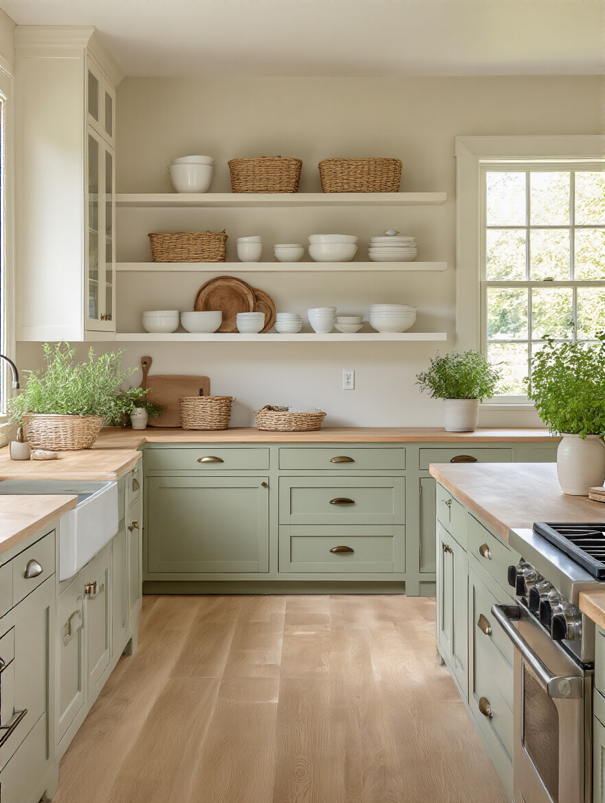 A farmhouse kitchen featuring a warm neutral color palette with creamy off-white walls, sage green cabinetry, and natural wood accents. The bright and inviting space showcases muted tones and an airy feel.