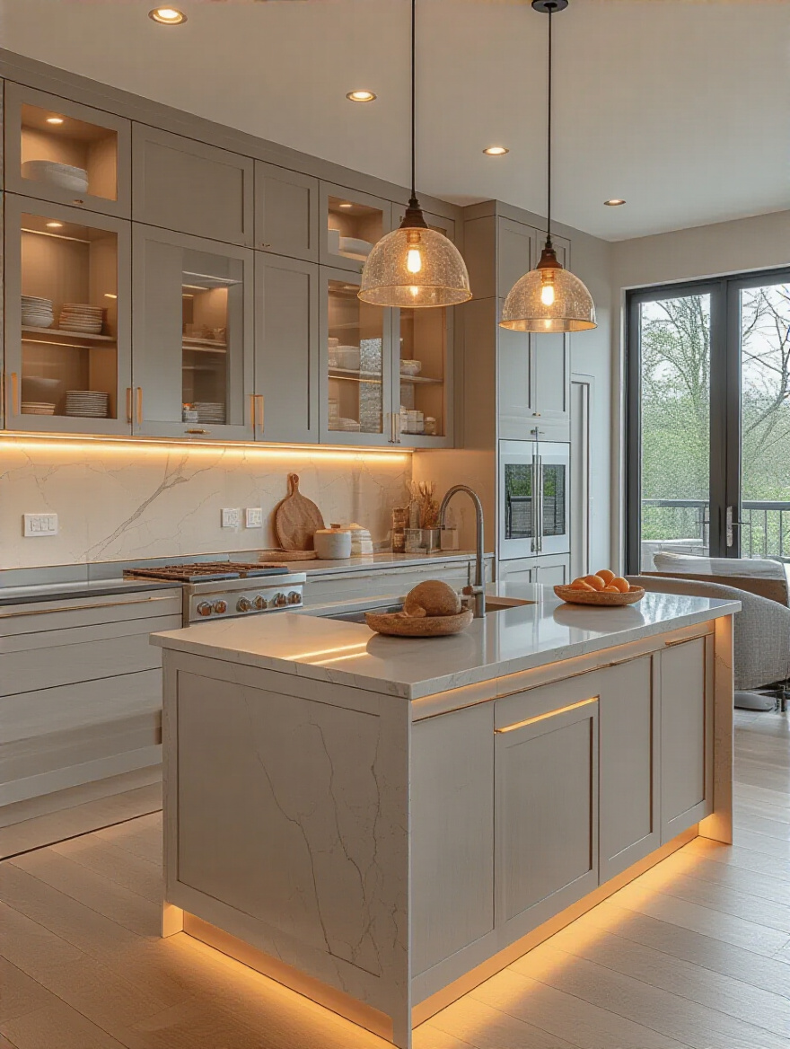 Portrait image of a modern kitchen showing ambient, task, and accent lighting layers.