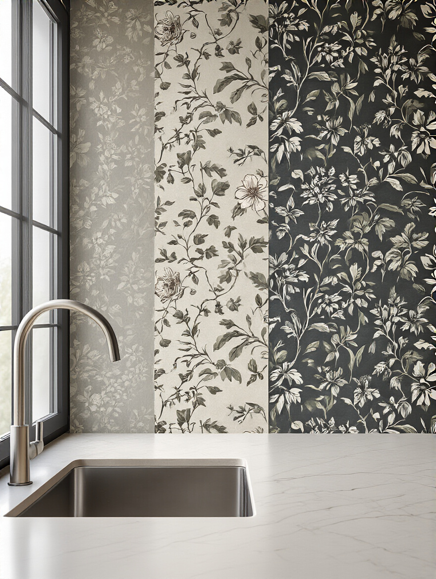 Vertical kitchen wall with three wallpaper material panels: vinyl, non-woven, peel-and-stick textures