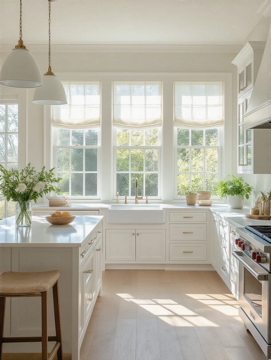 Bright kitchen with large windows and light window treatments