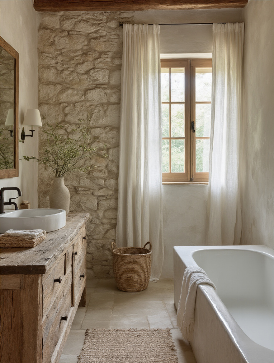 Sunlit rustic bathroom interior showing textured wood and stone surfaces