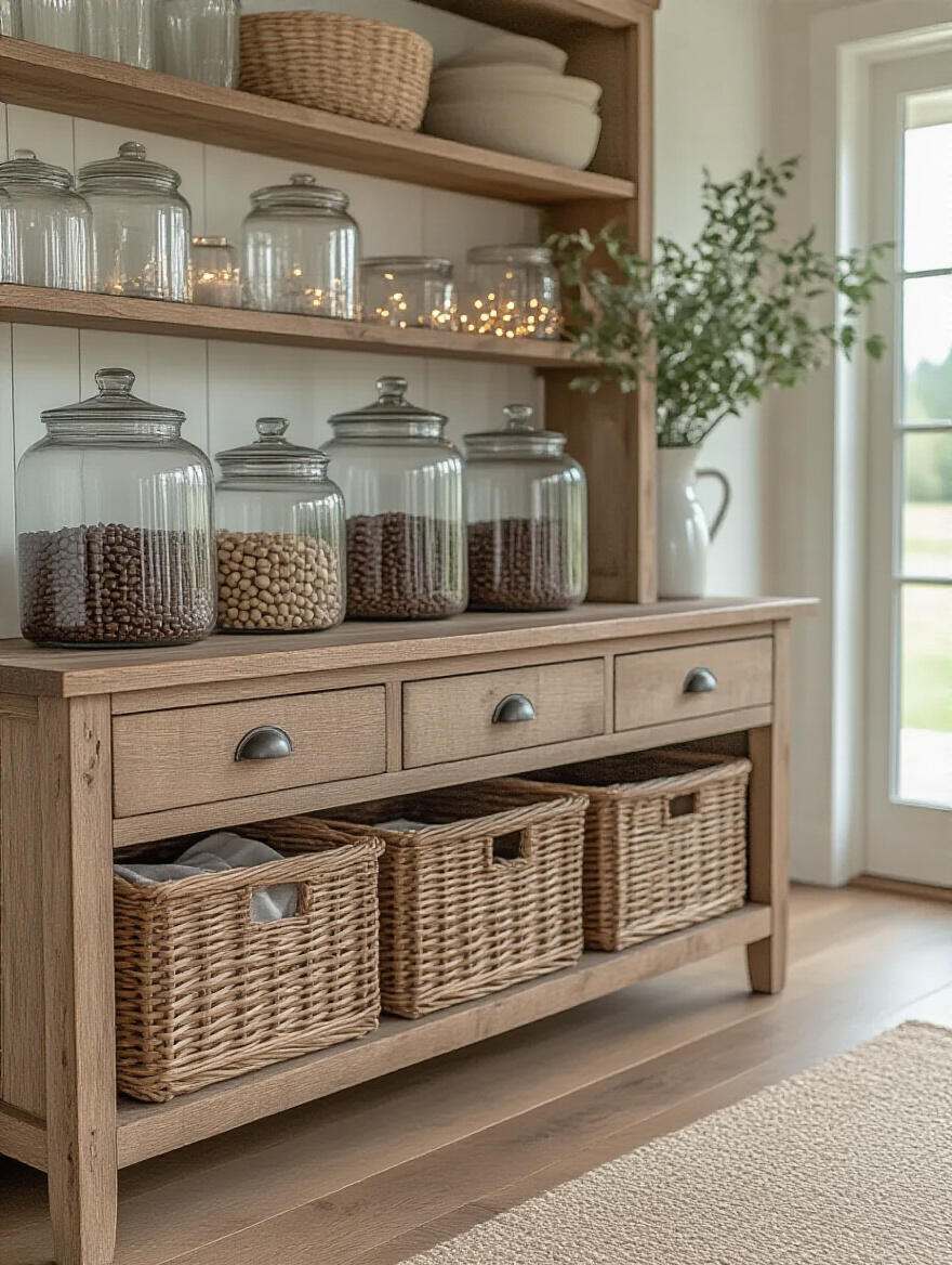 A beautifully organized farmhouse dining room featuring a reclaimed wood buffet with wicker storage baskets underneath, and a display of glass apothecary jars filled with decorative items on a vintage hutch.