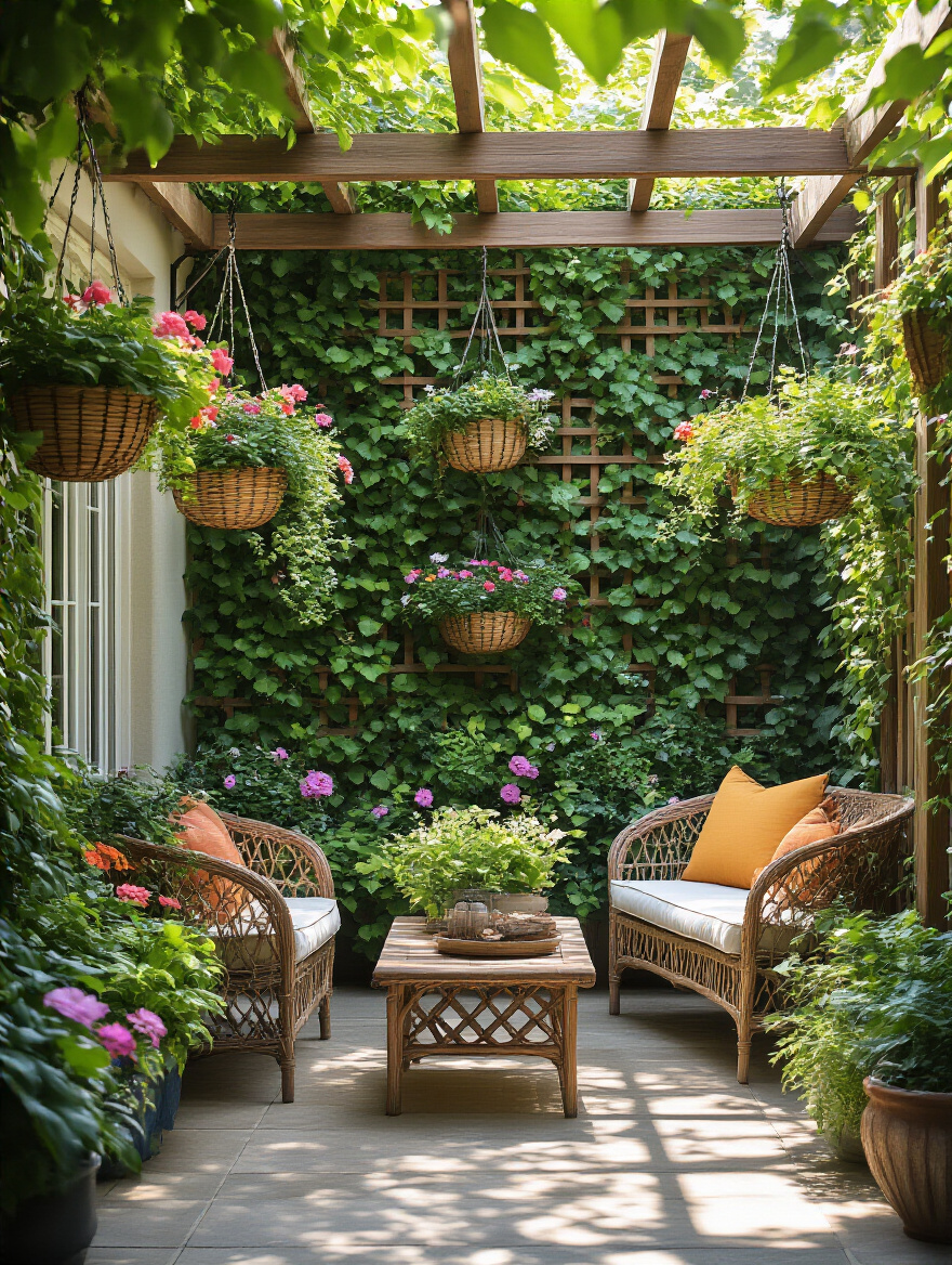A small patio featuring lush green hanging baskets overflowing with flowers and a climbing plant-covered trellis maximizing vertical space for gardening.