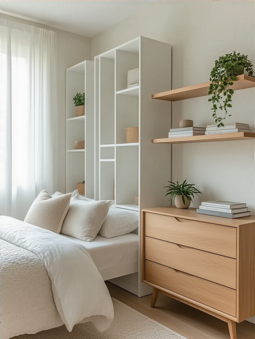 A modern bedroom with tall white shelving units flanking the bed, displaying books and decorative items, maximizing vertical storage space.
