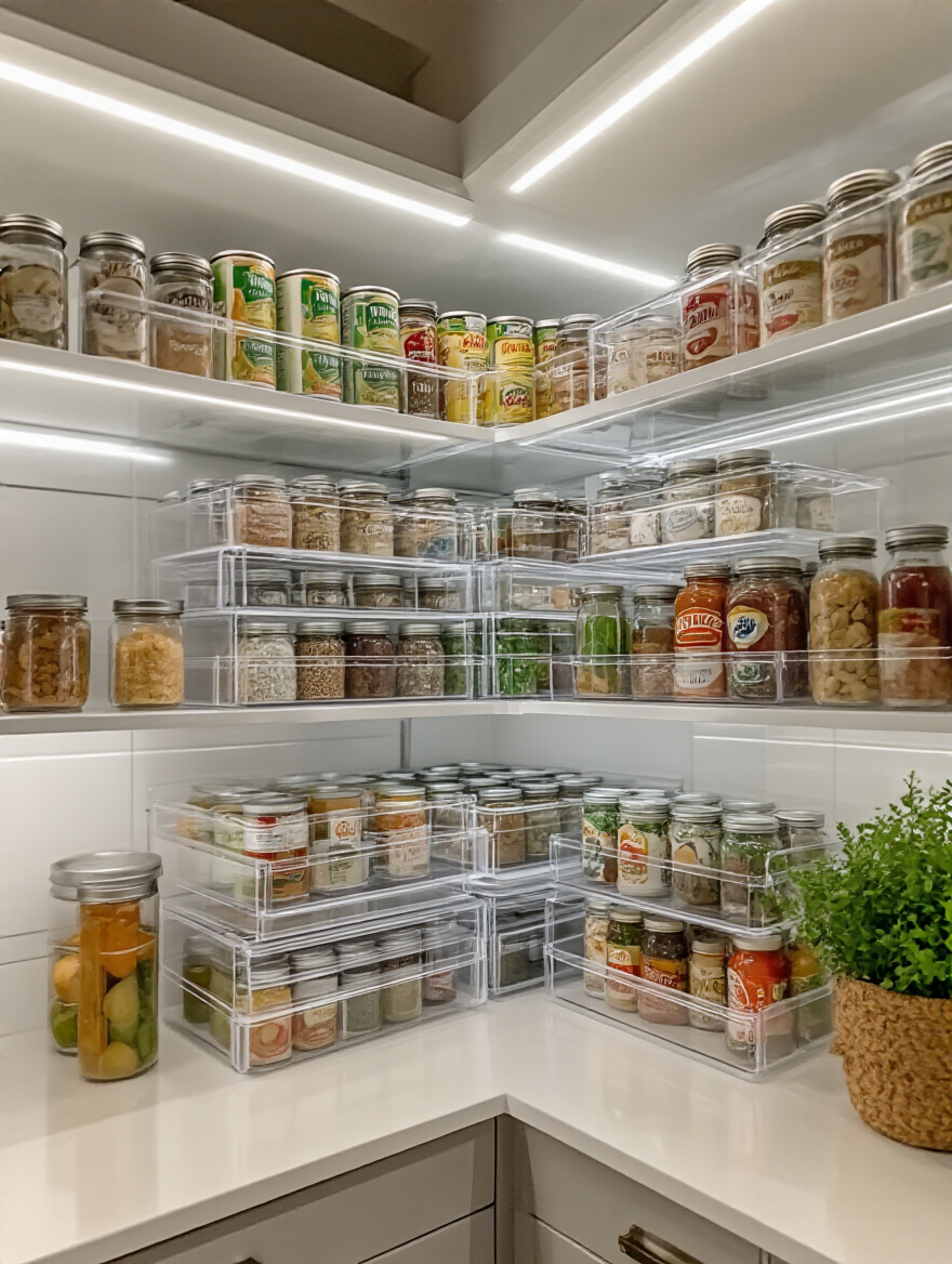 A perfectly organized kitchen pantry shelf featuring tiered acrylic organizers filled with neatly arranged spice jars, canned goods, and condiments, maximizing vertical space. Bright, clean aesthetic with good visibility.