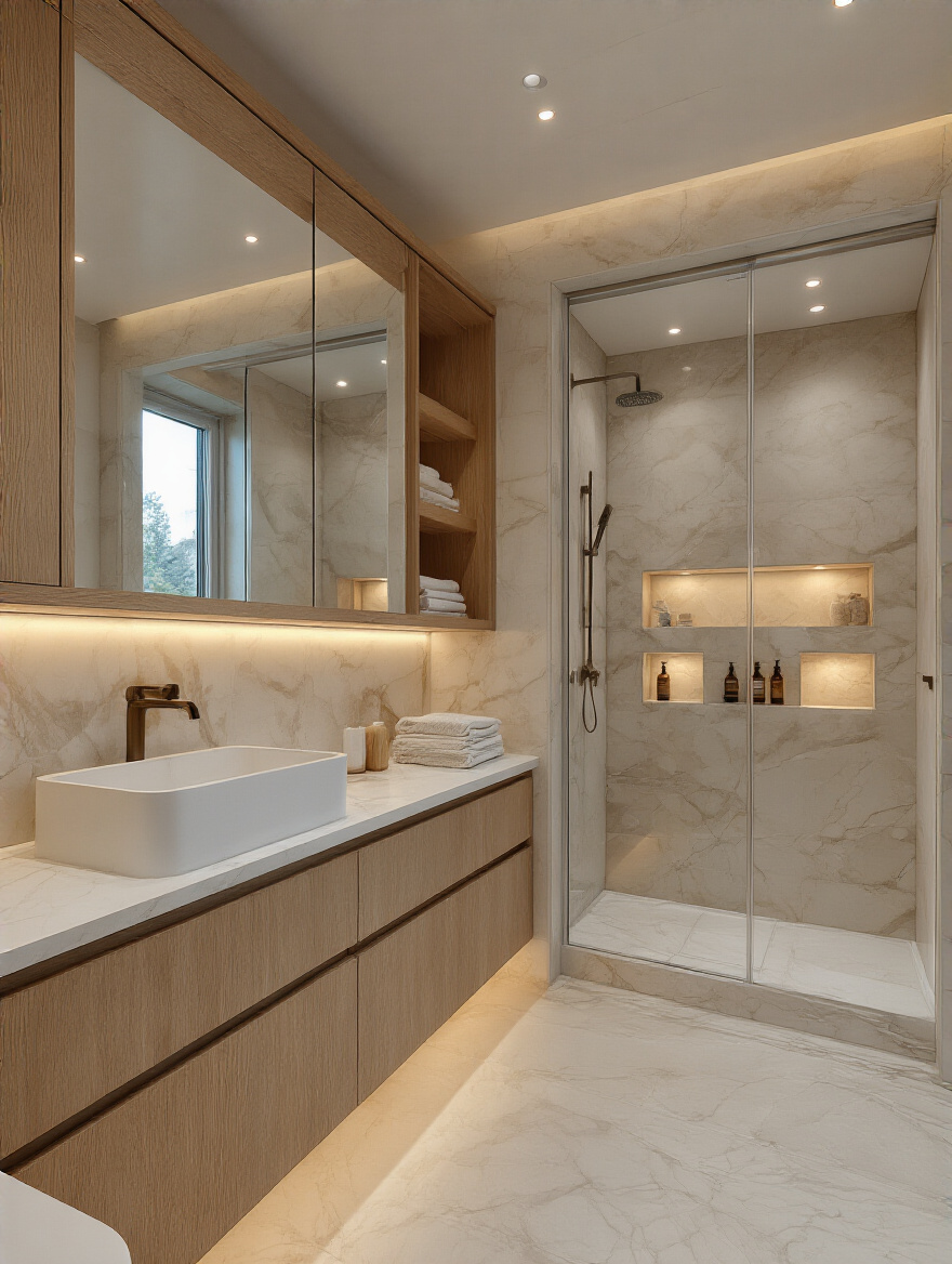 Luxurious bathroom with integrated cabinetry and built-in niches