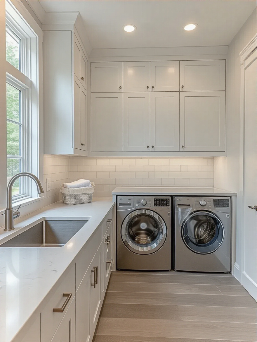 Portrait of a modern laundry room with built-in cabinetry and appliance alcove, no people