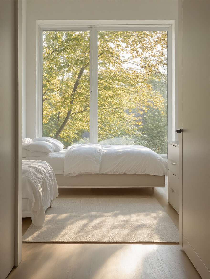 Portrait of a bedroom with floor plan outlines showing space planning for storage