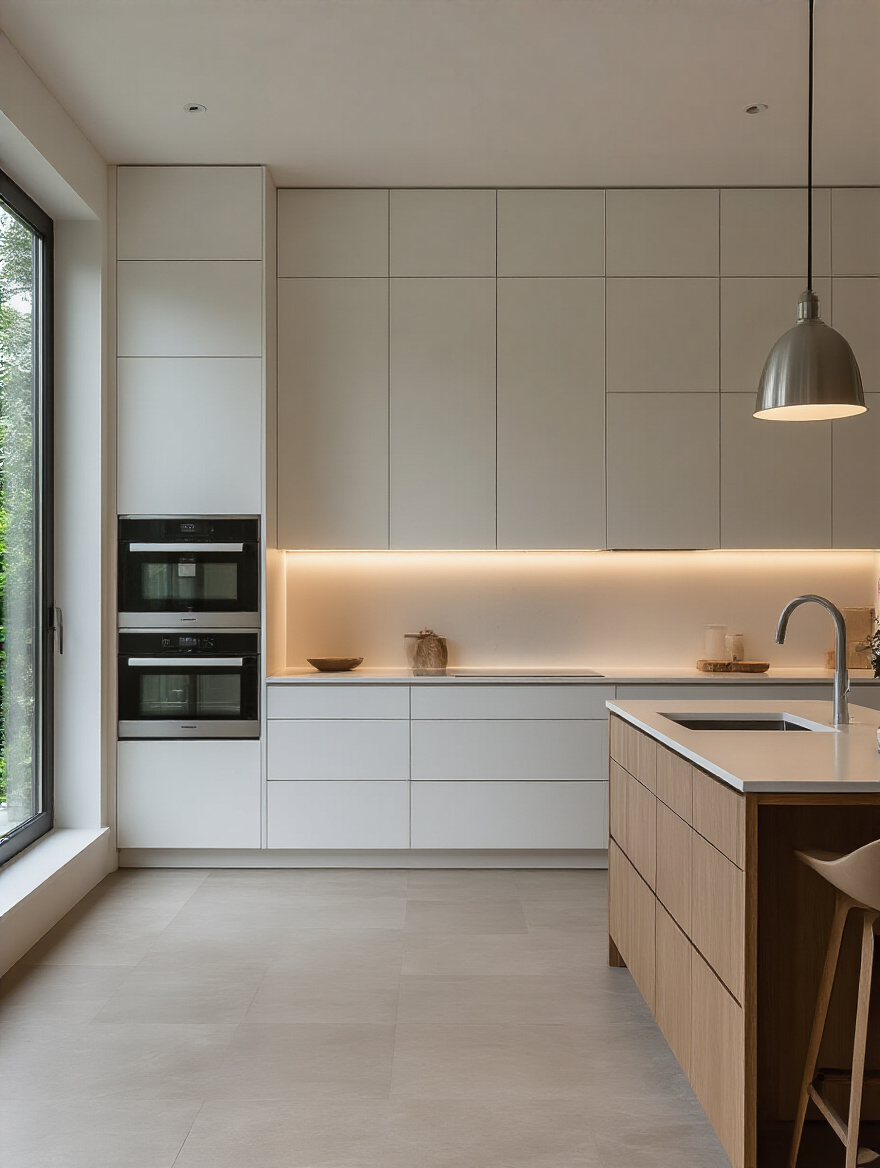 Portrait of a modern kitchen cabinet installation with flush fronts and precise gaps