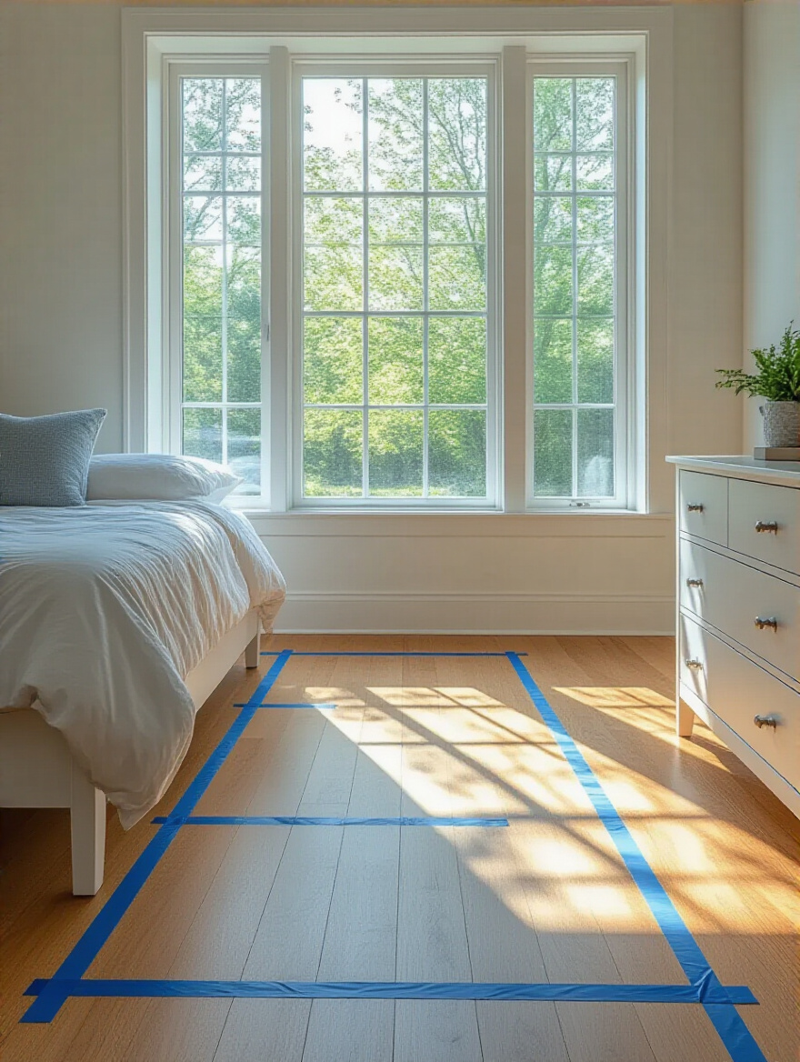 Empty bedroom floor marked with blue painter's tape, outlining potential furniture footprints and defining usable space for layout planning.