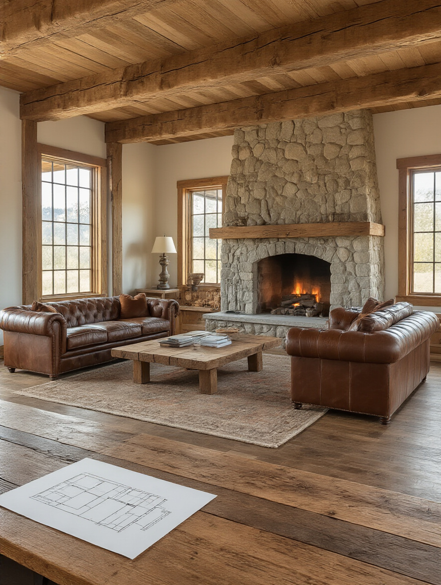 Portrait of a rustic living room with space-planning sketch and ample open space