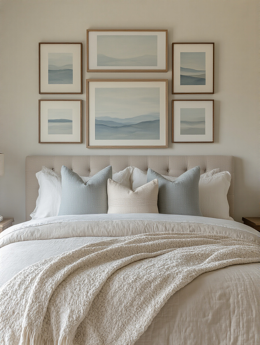 Bedroom wall with a balanced art gallery above a bed