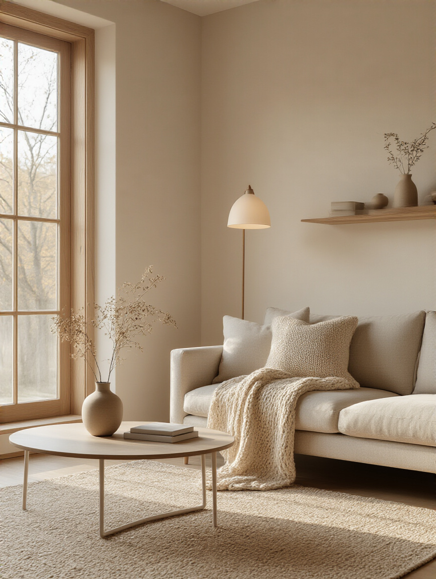 Clutter-free living room with warm lighting