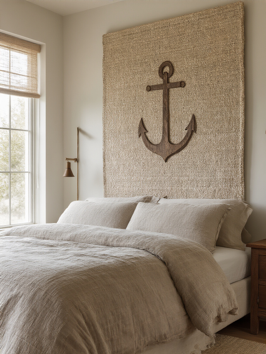 Vertical bedroom wall art display with textured, dimensional pieces