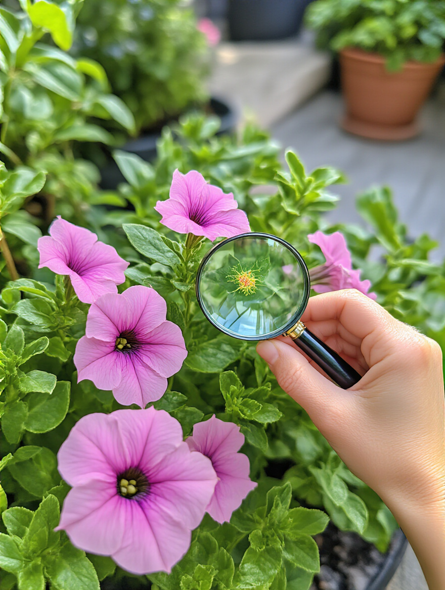 Close-up of a hand with a magnifying glass inspecting a patio plant leaf for early signs of pests, surrounded by healthy green foliage on a sunny patio.