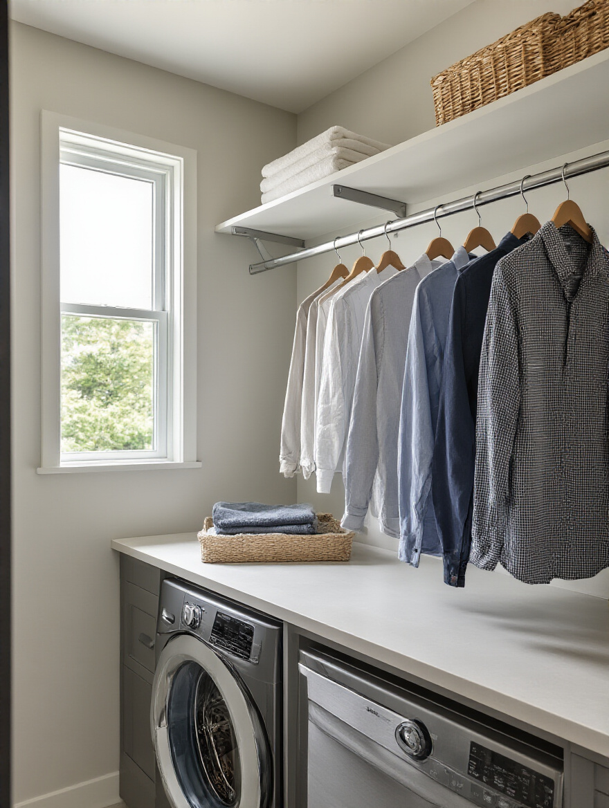 Laundry room wall hooks and rods storage setup