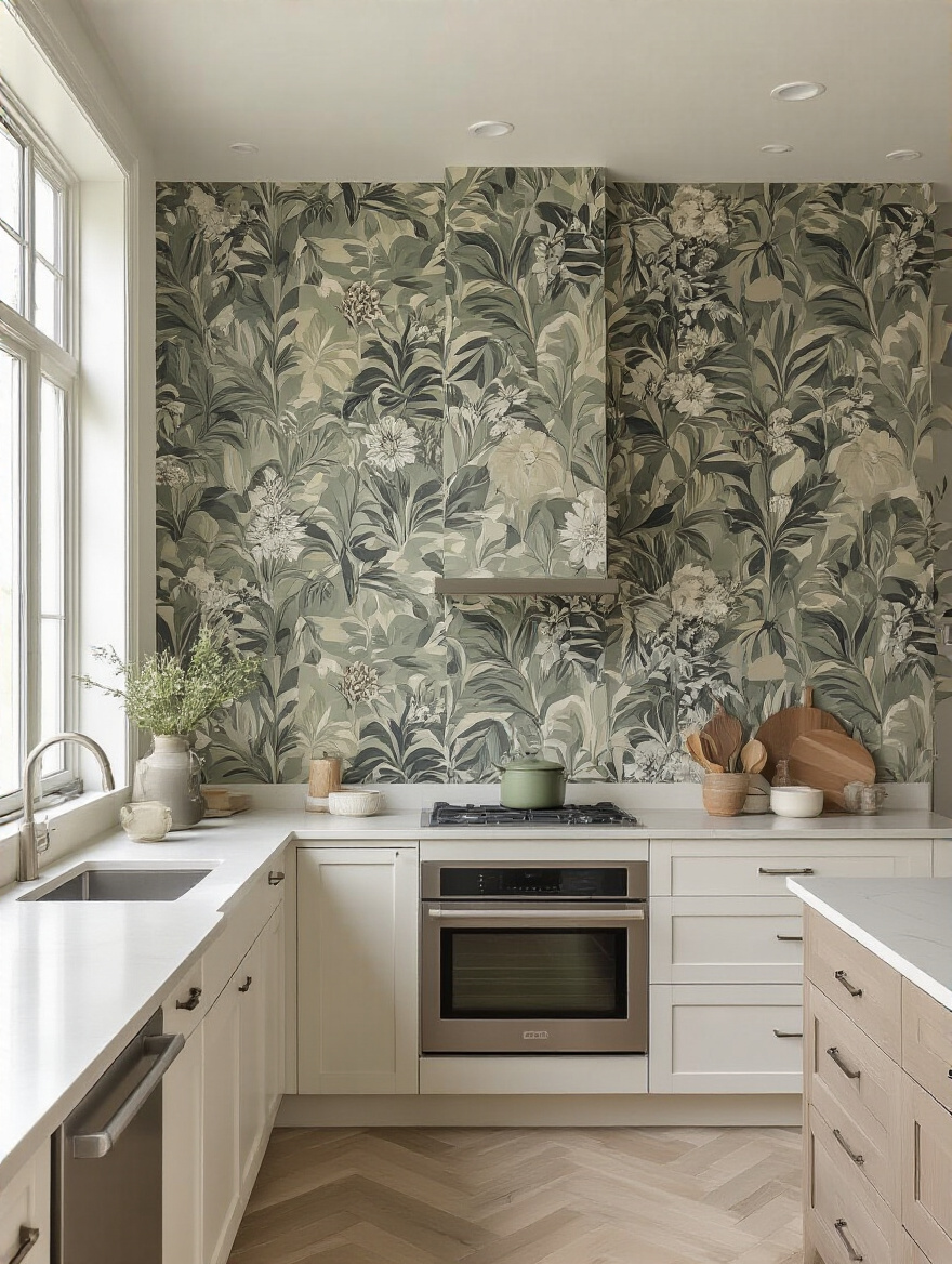 Portrait view of a modern kitchen featuring a geometric and botanical wallpaper wall as the focal point.