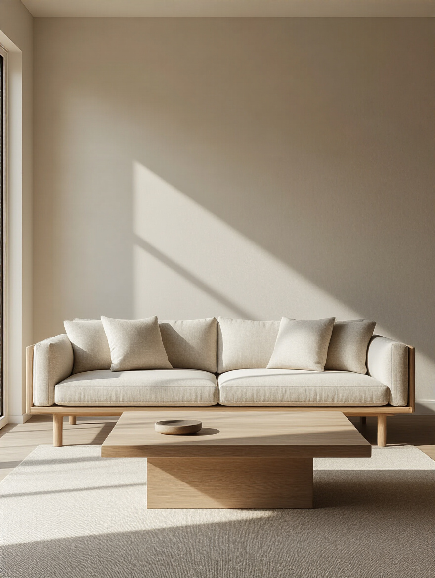 A serene living room featuring a clean-lined neutral sofa and a minimalist coffee table, demonstrating uncluttered furniture forms that promote spaciousness and calm.