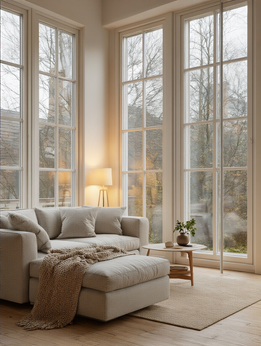Cozy living room with energy-efficient double- or triple-glazed windows