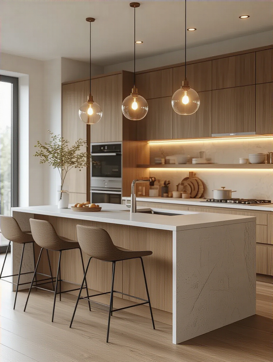 Portrait of a modern kitchen showing LED bulbs and fixtures for energy efficiency