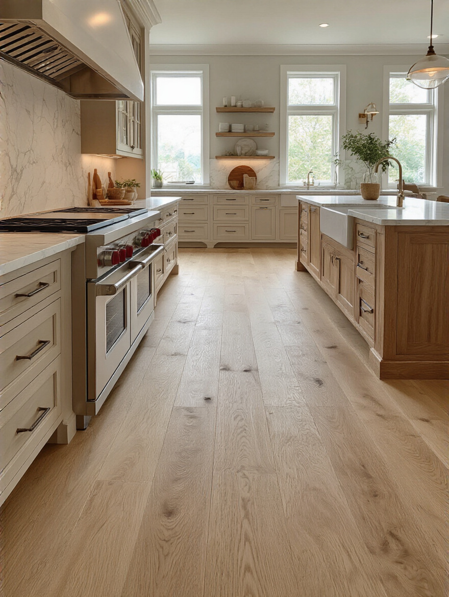 Luxurious kitchen flooring with wide-plank hardwood and large-format natural stone