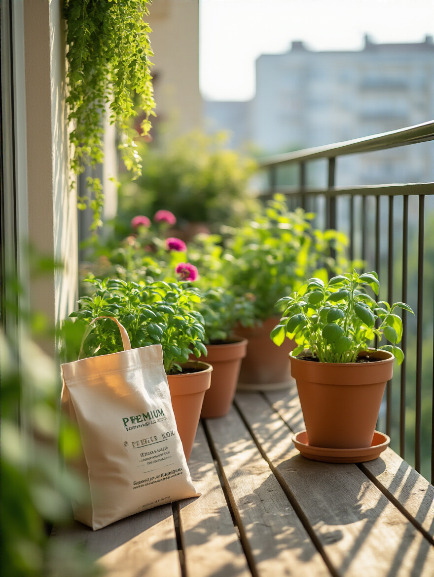 Unlabelled bag of premium potting mix with balcony containers in warm light