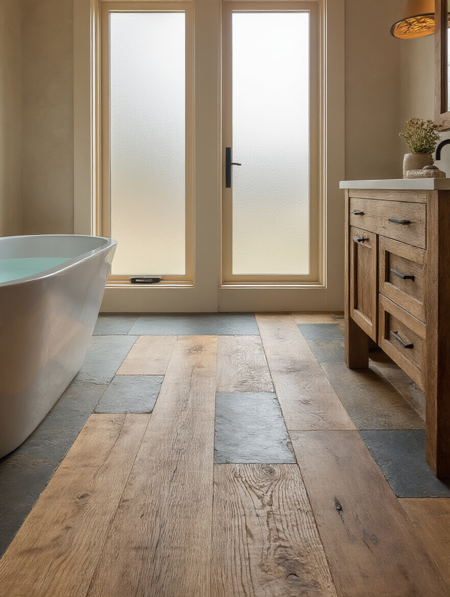 Portrait shot of a rustic bathroom floor showing natural stone, wood planks, and concrete.