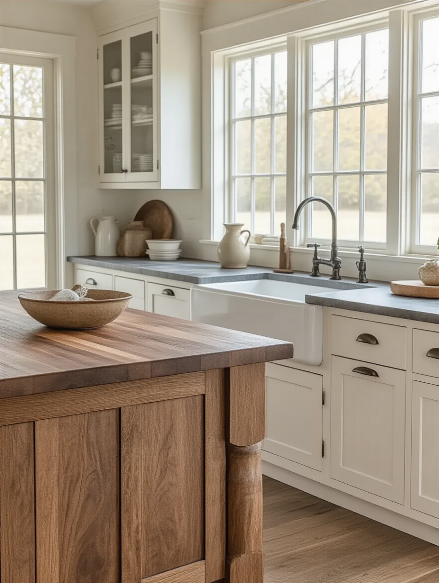 Rustic farmhouse kitchen featuring a warm walnut butcher block island and elegant grey soapstone perimeter countertops, with white cabinets and an apron sink, showcasing natural materials and inviting design.