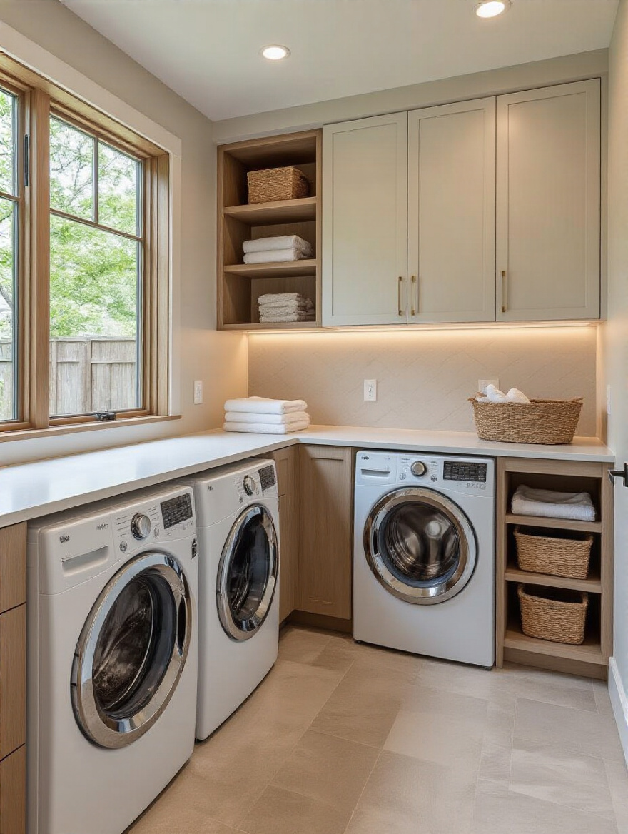 Portrait of a laundry room showing stackable and side-by-side configurations