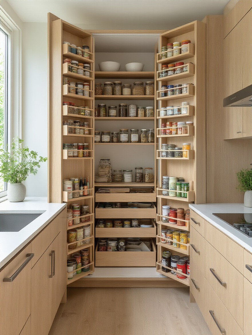 A fully extended tall pantry pull-out unit in a modern small kitchen, showcasing organized shelves filled with various groceries and dry goods, designed for efficient vertical storage.