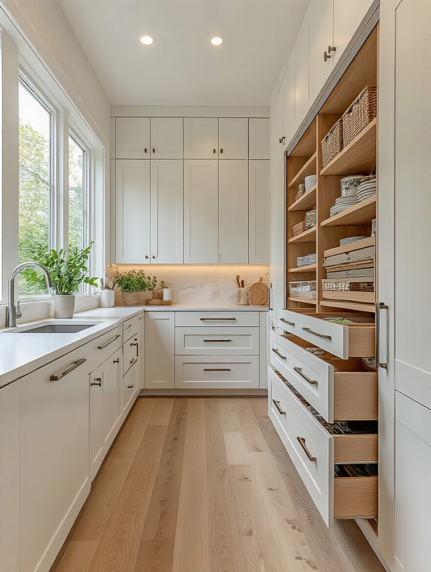 Portrait of a modern kitchen highlighting organized drawer and pantry inserts with modular dividers