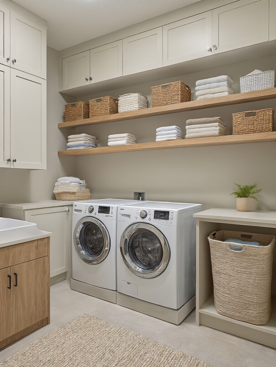 Portrait view of an ergonomic laundry room layout with elevated appliances, folding counter, and accessible storage.