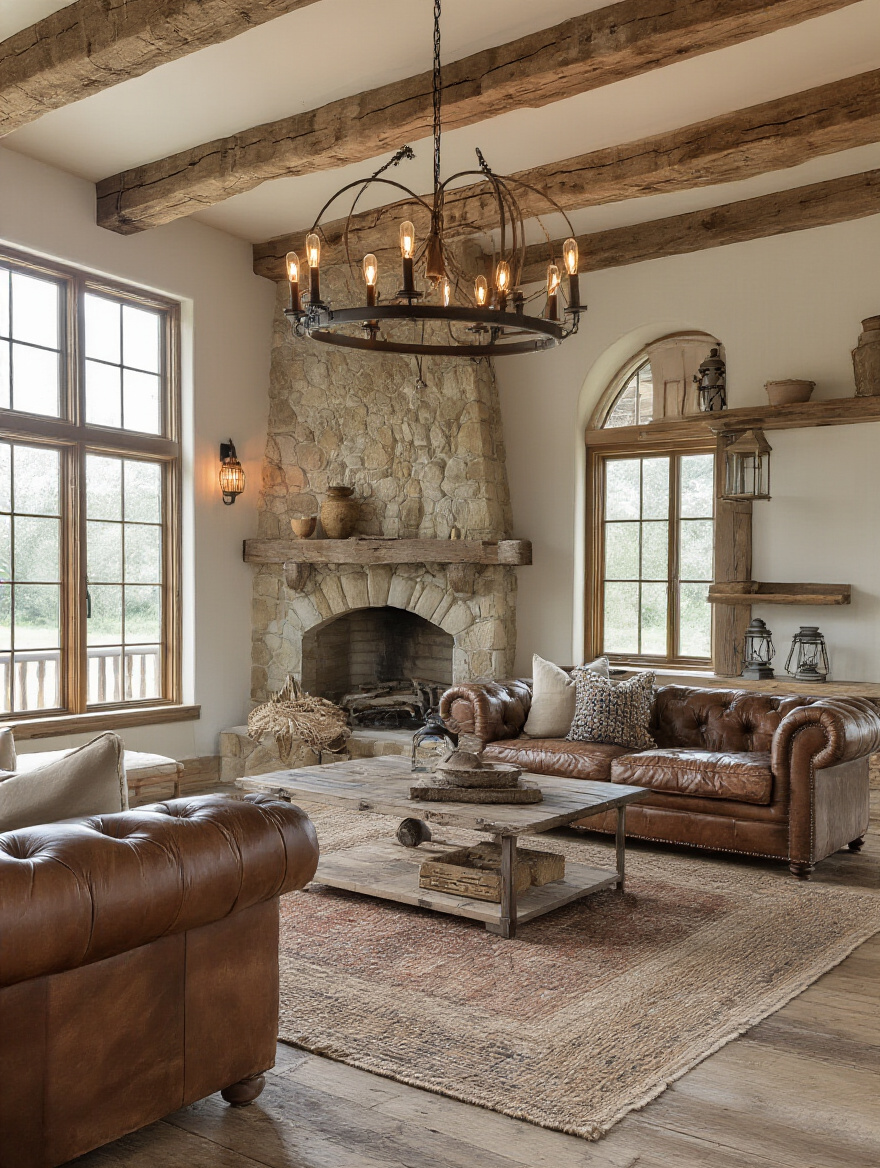 Warm rustic living room featuring lanterns, Edison bulbs, and wrought iron fixtures