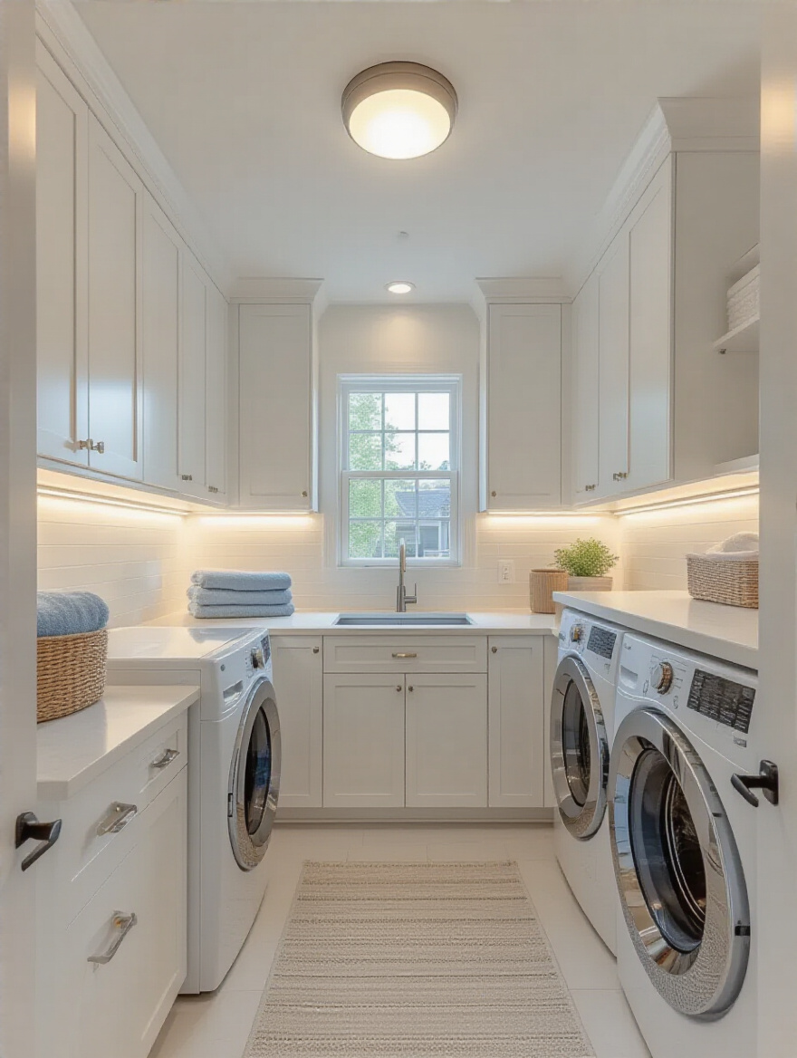 Portrait photo of a laundry room with layered ambient and task lighting, no people