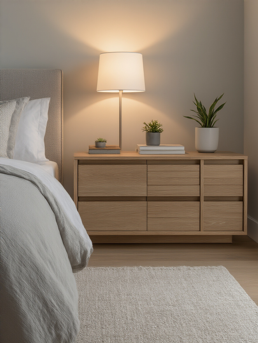 Modern nightstand with built-in storage and tiered shelves in a calm bedroom