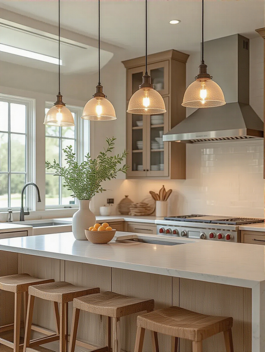 Portrait view of a modern kitchen island with pendants positioned to minimize glare and maximize coverage