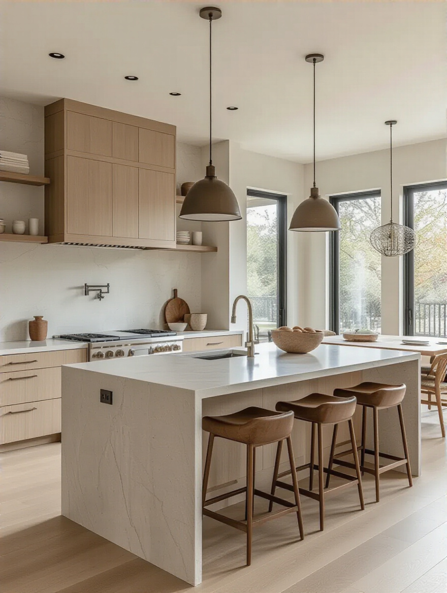 Portrait view of a modern kitchen island with a generous overhang and seating clearance