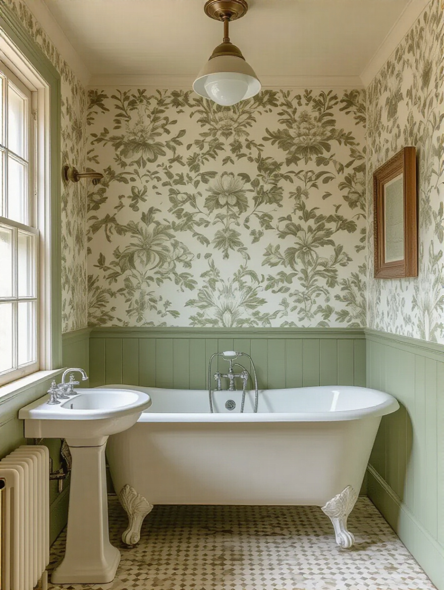 Portrait view of a vintage bathroom featuring damask wallpaper, a ceiling exhaust fan, and subtle seam repairs
