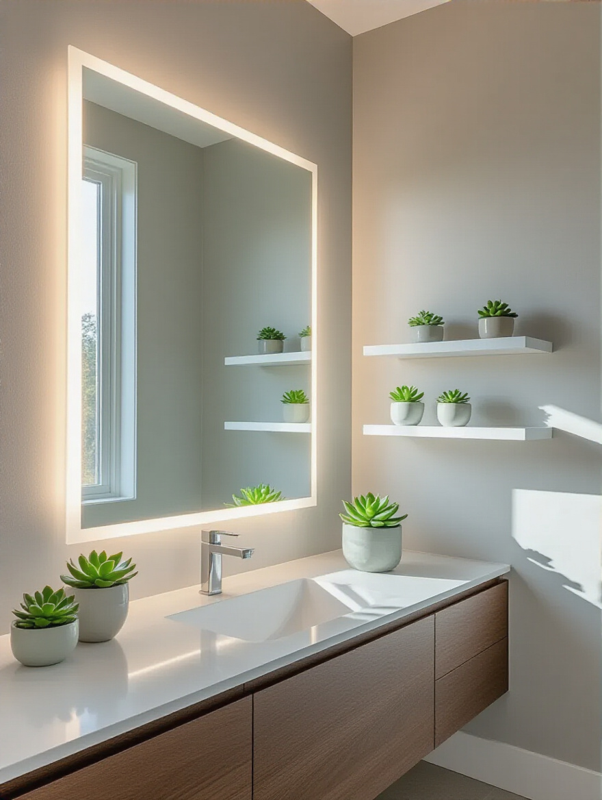 Modern bathroom with large frameless mirror and floating shelves, demonstrating optimal wall space utilization and increased light.