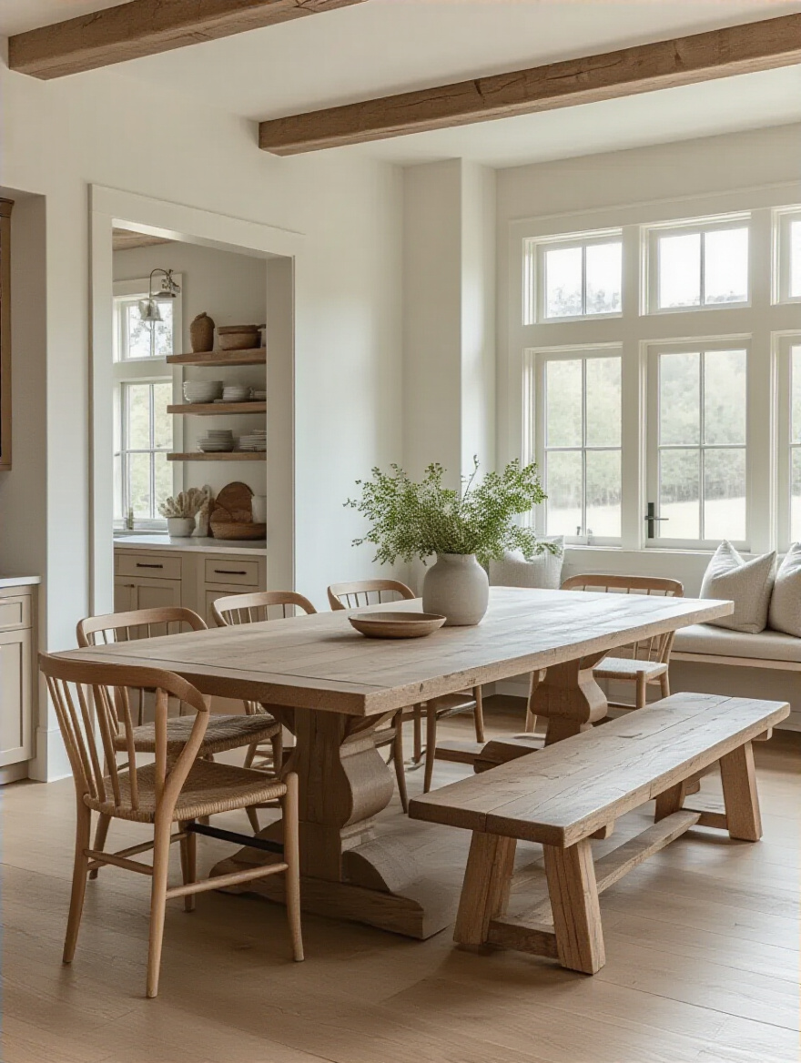 Optimized farmhouse dining room layout with a large wooden table, chairs, and bench, ample circulation space, and inviting decor, emphasizing functional flow.