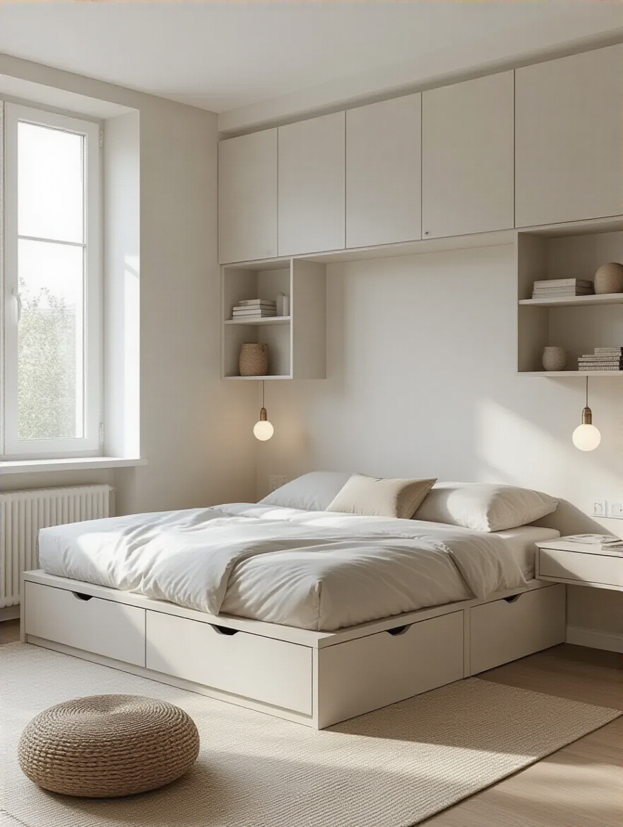 A meticulously designed small bedroom showcasing multifunctional furniture like a storage bed and wall-mounted shelves, creating an optimized, spacious, and clutter-free environment.