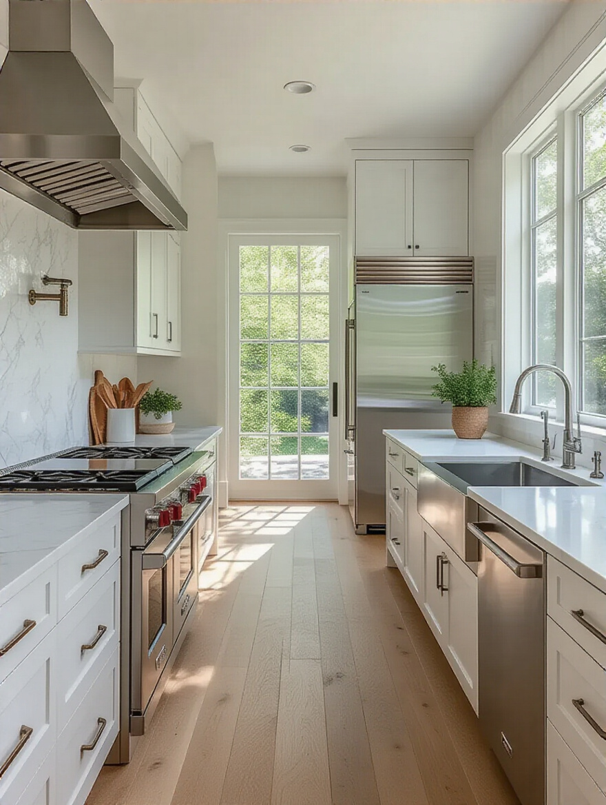 A beautifully organized modern kitchen showcasing the optimal placement of a sink, stove, and refrigerator, forming an efficient work triangle. Clean counters and natural light highlight the functional layout.
