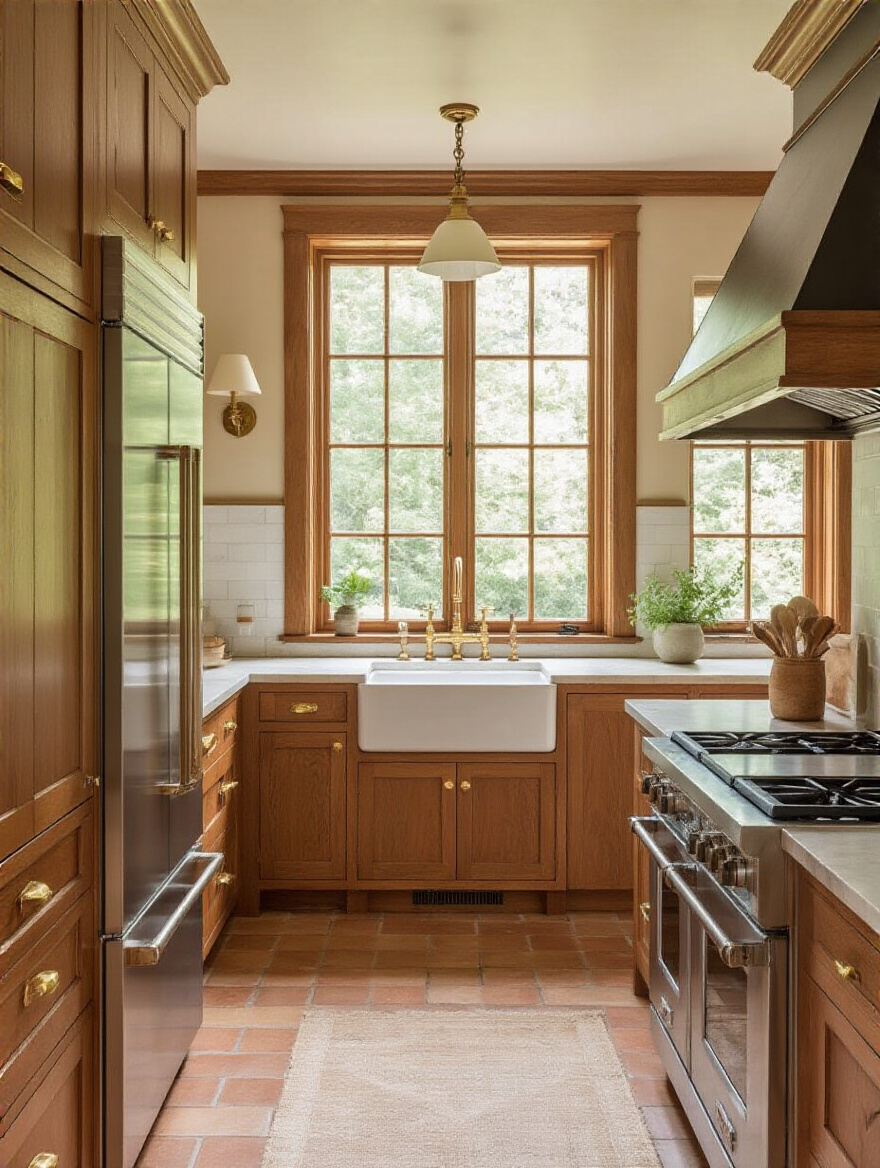 Traditional kitchen with optimized work triangle layout featuring integrated fridge, apron-front sink, and vintage range