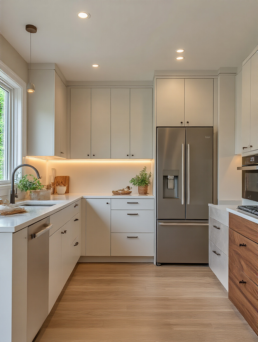 Portrait of a modern kitchen with integrated panel-ready appliances behind cabinetry panels