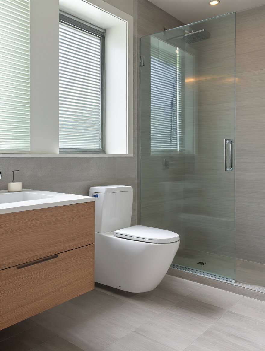 Portrait view of a modern bathroom featuring a WaterSense-labeled water-efficient toilet and sleek fixtures
