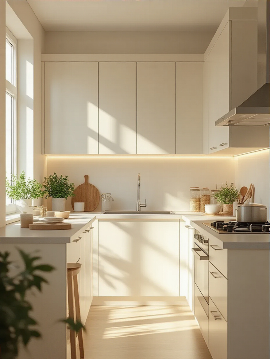 A bright, modern small kitchen with walls and flat-panel cabinets painted in a soft, reflective off-white. The seamless light colors maximize the feeling of space and brightness, reflecting abundant natural light.
