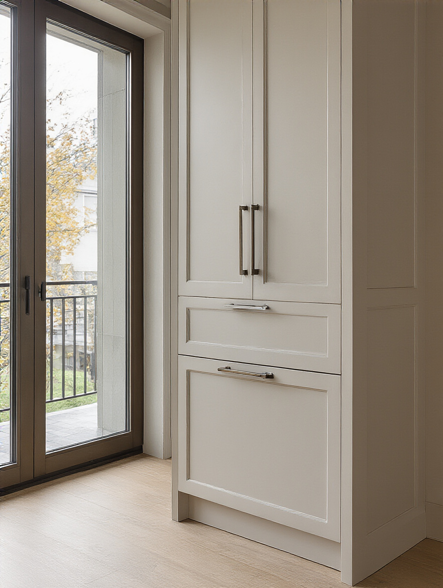 Portrait image of a modern kitchen cabinet hardware focusing on door hinges and drawer glides