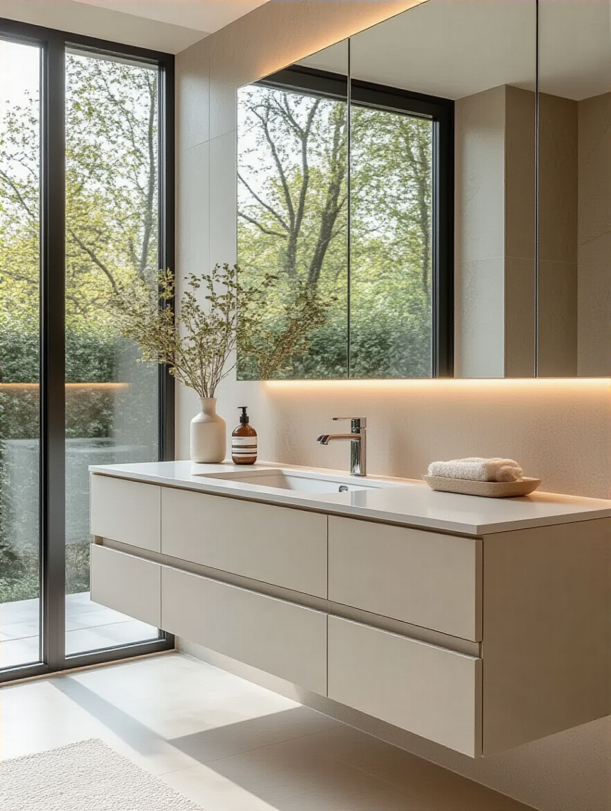 Modern floating bathroom vanity with quartz countertop and hidden storage drawers, illuminated by natural light, showcasing organizational design.